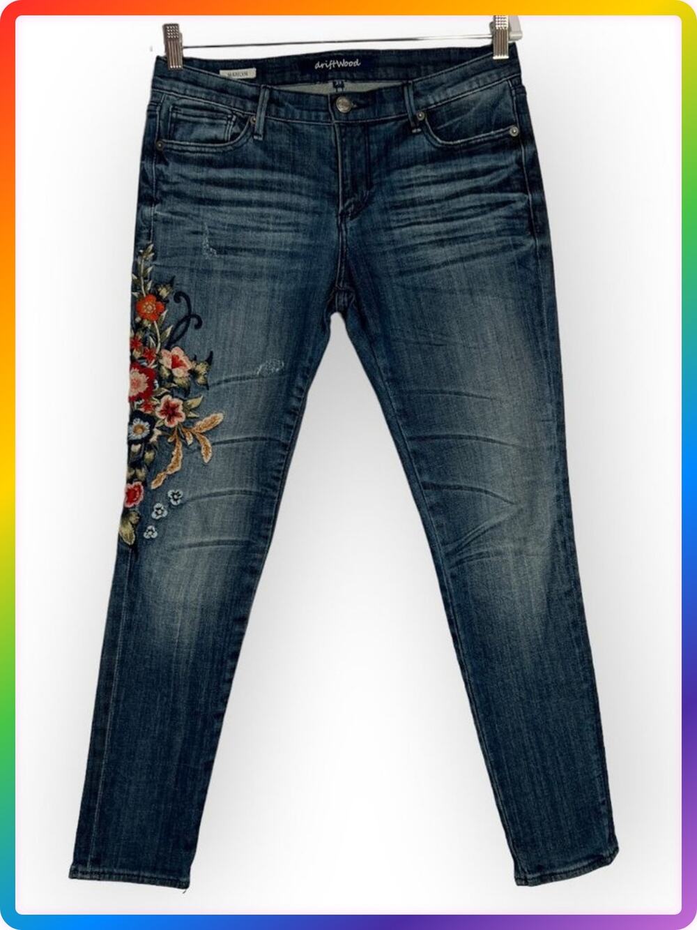 Driftwood Marilyn Skinny Jeans SIZE 28 Blue Distressed Floral Embroidered